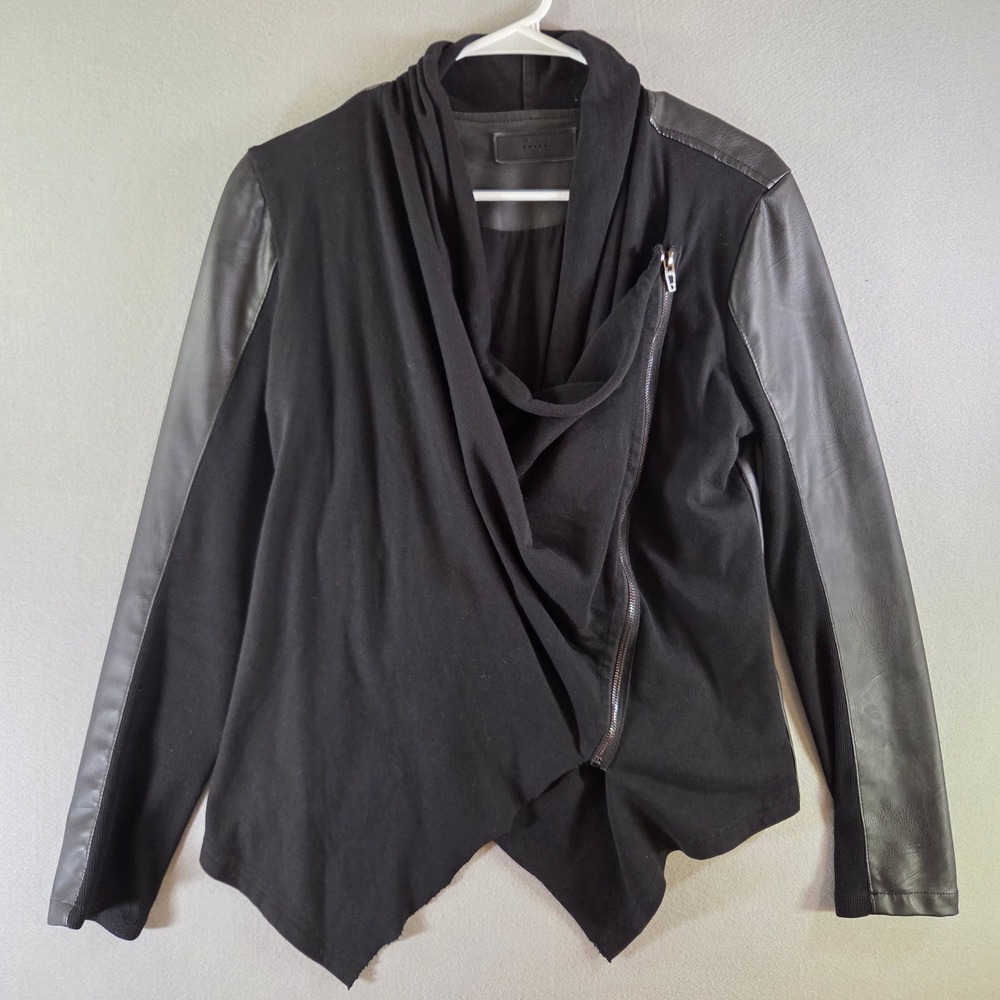 Blank NYC Private Practice Black Faux Leather Mixed Media Draped Moto Jacket M